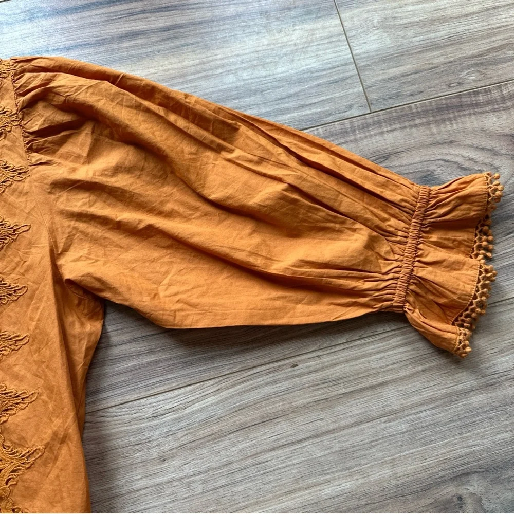 Free People Louella Blouse Tawny orange Lace Embroidered Top Size XS boho Crop